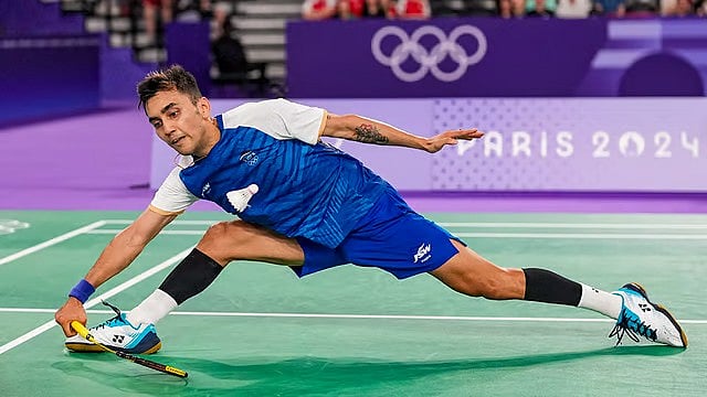 Photo: PTI : Lakshya Sen in action during his quarter-final against Chou Tien-Chen at Paris Olympics.